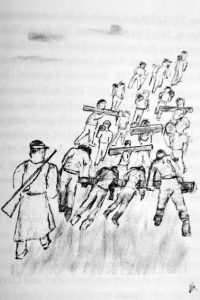 Eine „Russenkolonne“ mit zwei zu Tode erschöpften Arbeitern kehrt am Abend zurück ins Lager Em-gessiefen. Zeichnung: Hubert Vitt
